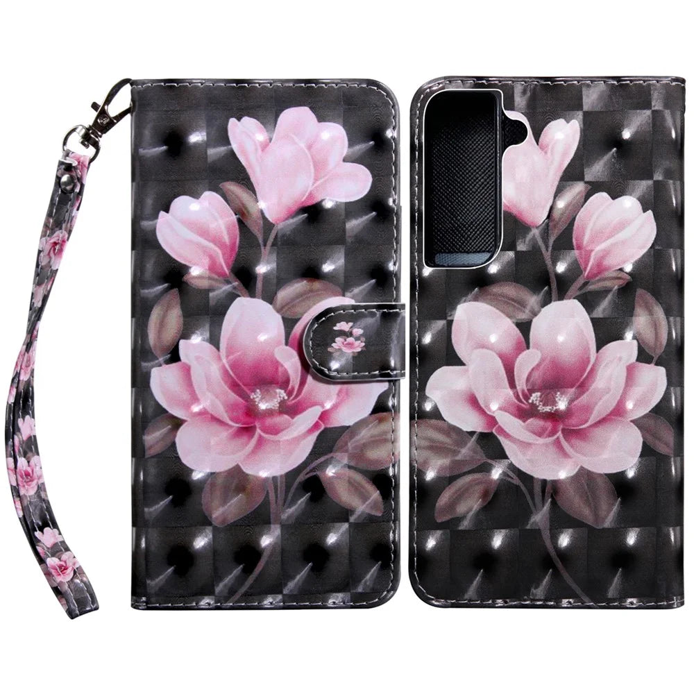 3D Creative Pattern Printing PU Leather Folio Flip Wallet Case Stand Magnetic Closure Cover with Strap for Samsung Galaxy S22 5G - Pink Flowers - 1