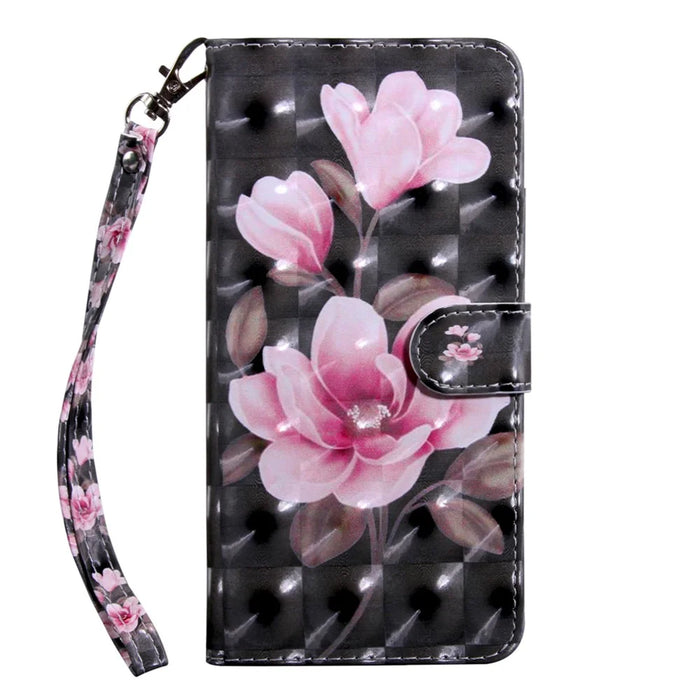3D Creative Pattern Printing PU Leather Folio Flip Wallet Case Stand Magnetic Closure Cover with Strap for Samsung Galaxy S22 5G - Pink Flowers - 2