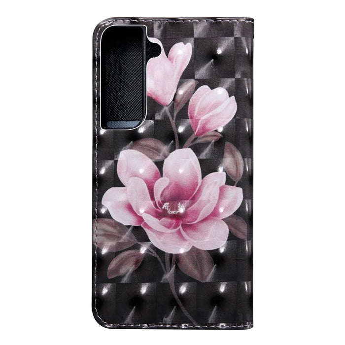 3D Creative Pattern Printing PU Leather Folio Flip Wallet Case Stand Magnetic Closure Cover with Strap for Samsung Galaxy S22 5G - Pink Flowers - 3