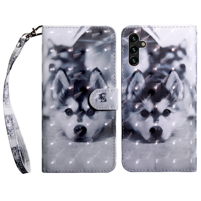 3D Pattern Printing PU Leather Wallet Stand Phone Case with Wrist Strap for Samsung Galaxy A13 5G / A04s 4G (164.7mm) - Dog - 1