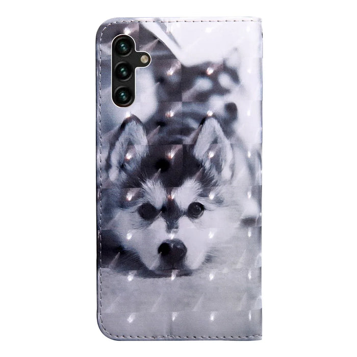 3D Pattern Printing PU Leather Wallet Stand Phone Case with Wrist Strap for Samsung Galaxy A13 5G / A04s 4G (164.7mm) - Dog - 3