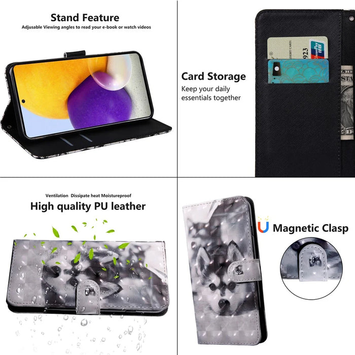3D Pattern Printing PU Leather Wallet Stand Phone Case with Wrist Strap for Samsung Galaxy A13 5G / A04s 4G (164.7mm) - Dog - 5
