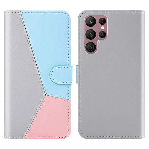 Tri-color Splicing Folio Flip Wallet Stand Leather Protective Phone Cover Case for Samsung Galaxy S22 Ultra 5G - Grey/Blue/Pink - 1