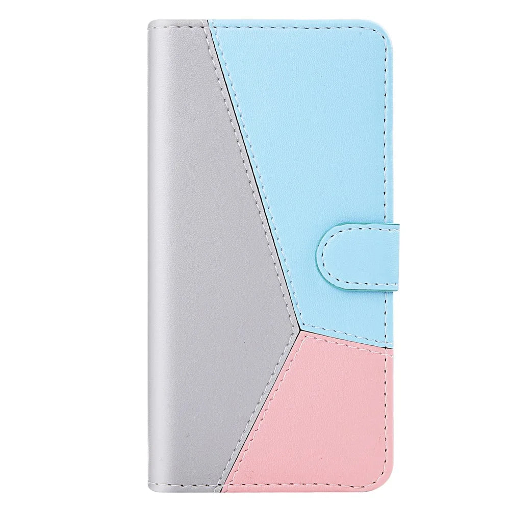 Tri-color Splicing Folio Flip Wallet Stand Leather Protective Phone Cover Case for Samsung Galaxy S22 Ultra 5G - Grey/Blue/Pink - 2