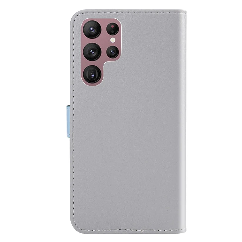 Tri-color Splicing Folio Flip Wallet Stand Leather Protective Phone Cover Case for Samsung Galaxy S22 Ultra 5G - Grey/Blue/Pink - 3