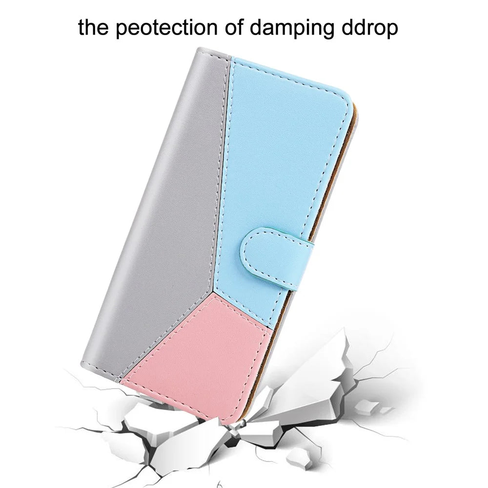 Tri-color Splicing Folio Flip Wallet Stand Leather Protective Phone Cover Case for Samsung Galaxy S22 Ultra 5G - Grey/Blue/Pink - 4