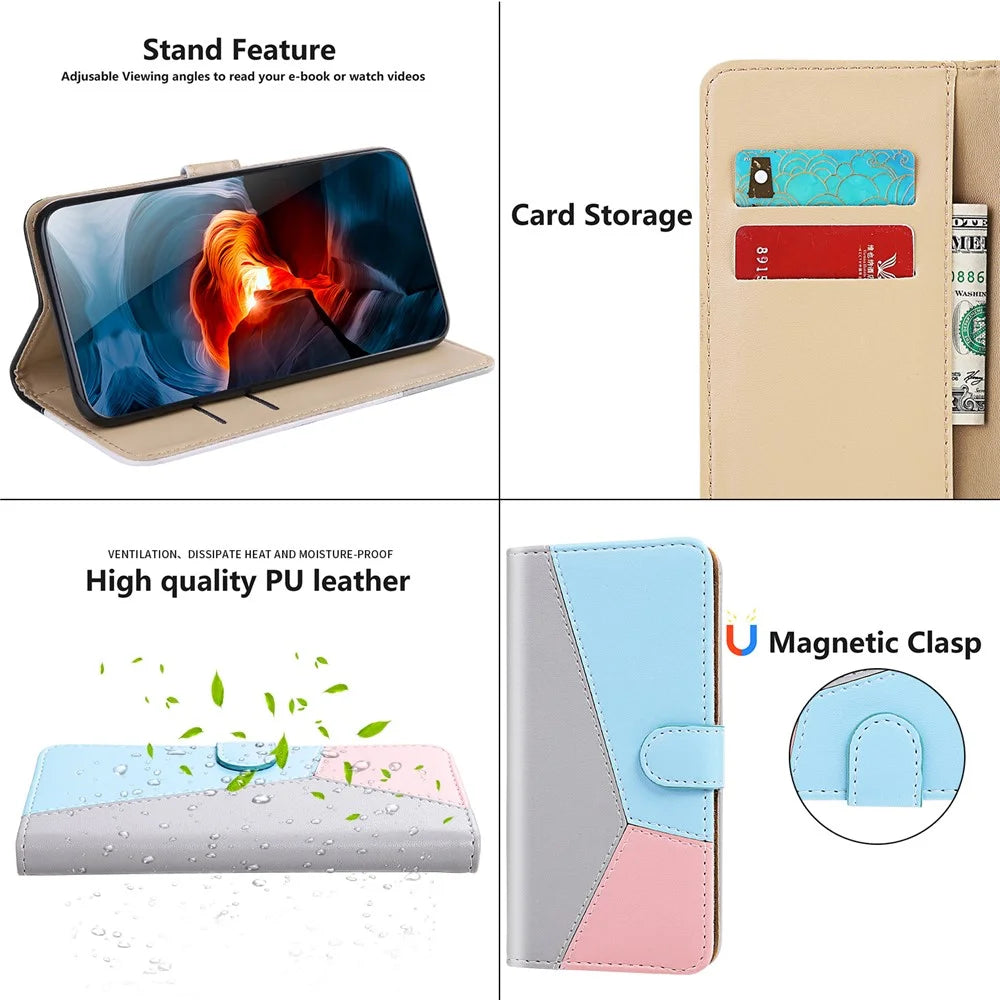 Tri-color Splicing Folio Flip Wallet Stand Leather Protective Phone Cover Case for Samsung Galaxy S22 Ultra 5G - Grey/Blue/Pink - 5