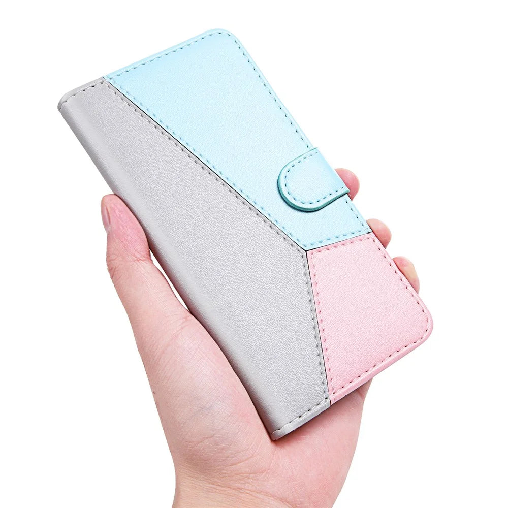 Tri-color Splicing Folio Flip Wallet Stand Leather Protective Phone Cover Case for Samsung Galaxy S22 Ultra 5G - Grey/Blue/Pink - 6