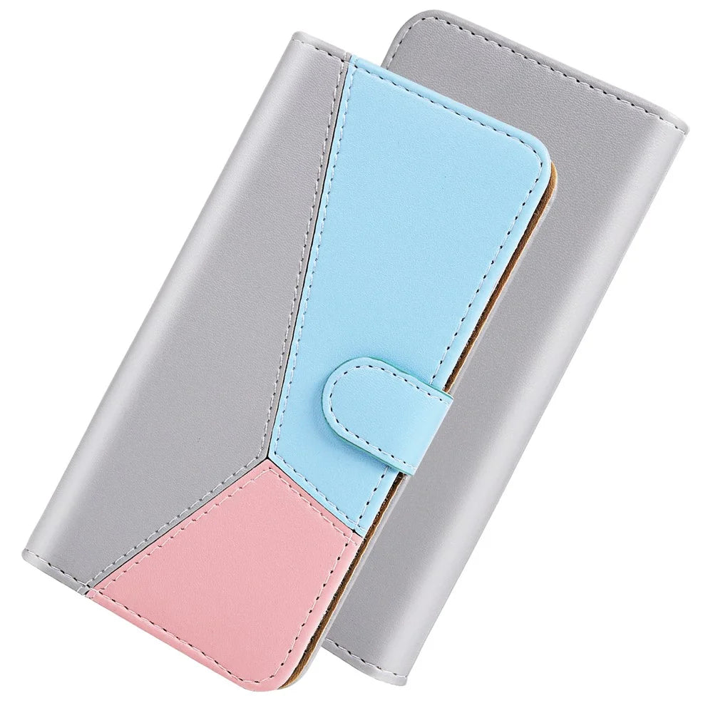 Tri-color Splicing Folio Flip Wallet Stand Leather Protective Phone Cover Case for Samsung Galaxy S22 Ultra 5G - Grey/Blue/Pink - 7
