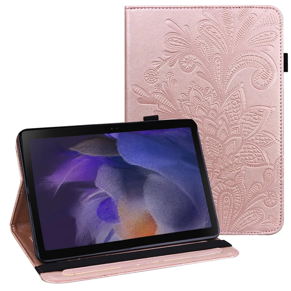 For Samsung Galaxy Tab A8 10.5 2021 Stylish Imprinting Flower Auto Wake/Sleep Stand Tablet Cover Leather Case with Card Holder - Rose Gold - 1