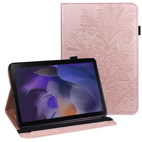 For Samsung Galaxy Tab A8 10.5 2021 Stylish Imprinting Flower Auto Wake/Sleep Stand Tablet Cover Leather Case with Card Holder - Rose Gold - 1