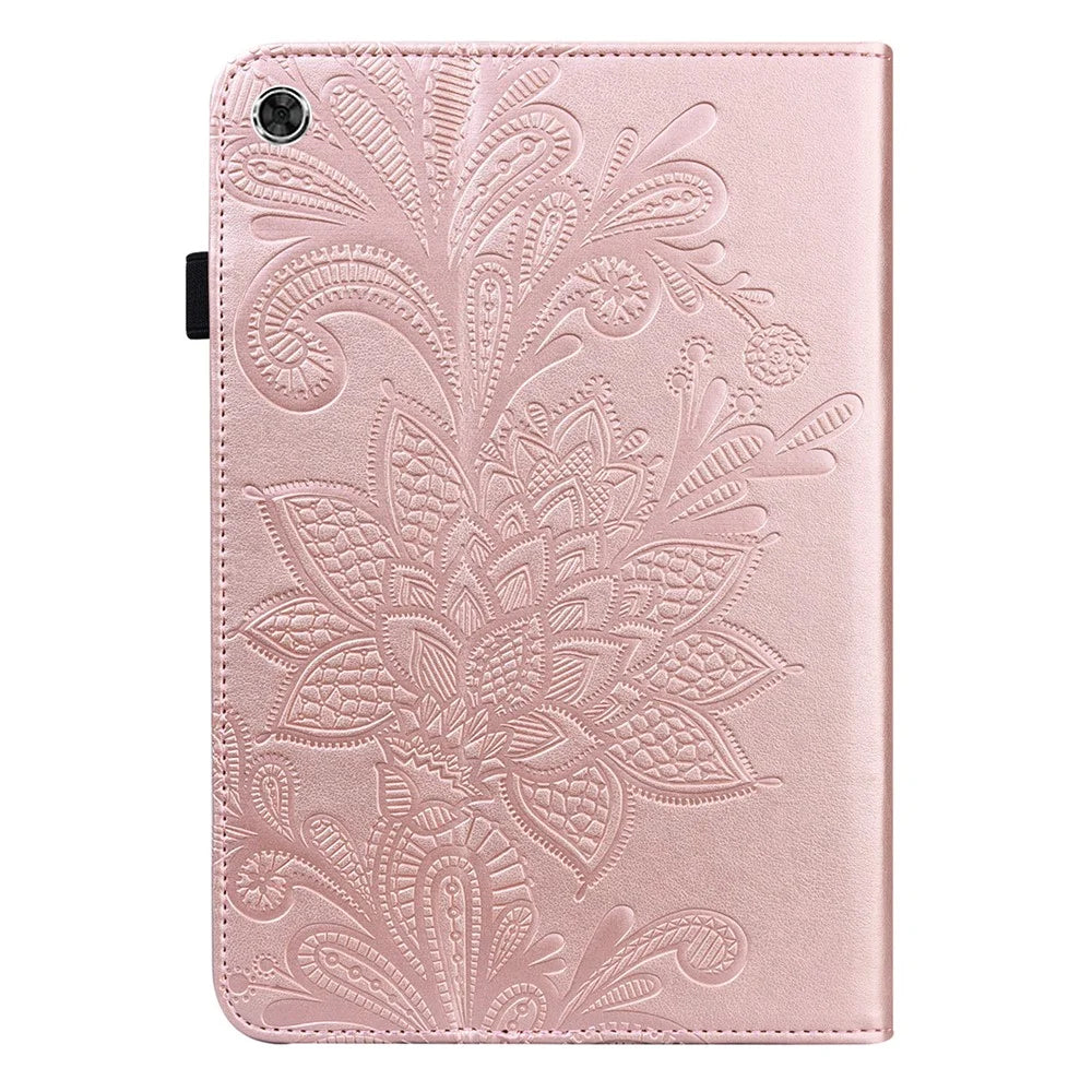 For Samsung Galaxy Tab A8 10.5 2021 Stylish Imprinting Flower Auto Wake/Sleep Stand Tablet Cover Leather Case with Card Holder - Rose Gold - 3