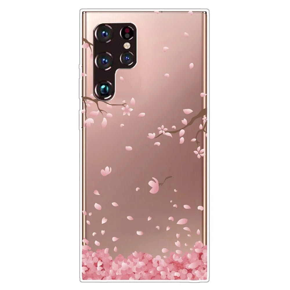 Pattern Printing Anti-scratch Soft TPU Cell Phone Back Case Cover for Samsung Galaxy S22 Ultra 5G - Pink Flower - 1