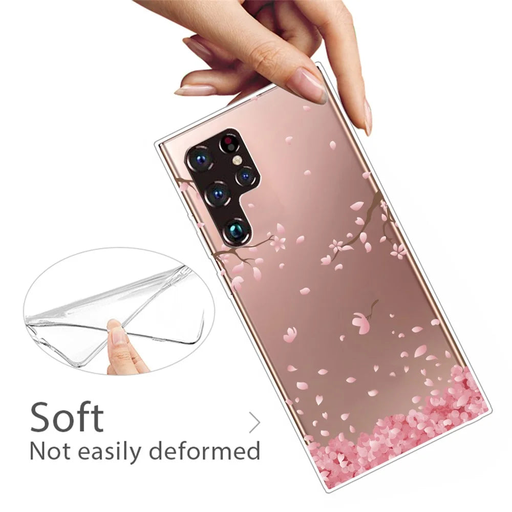Pattern Printing Anti-scratch Soft TPU Cell Phone Back Case Cover for Samsung Galaxy S22 Ultra 5G - Pink Flower - 2