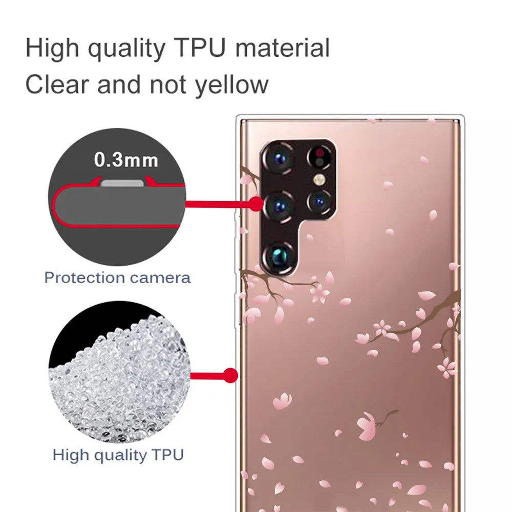 Pattern Printing Anti-scratch Soft TPU Cell Phone Back Case Cover for Samsung Galaxy S22 Ultra 5G - Pink Flower - 3