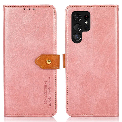 KHAZNEH Folio Flip Magnetic Golden Clasp PU Leather Wallet Stand Phone Cover Shell for Samsung Galaxy S22 Ultra 5G - Rose Gold - 1