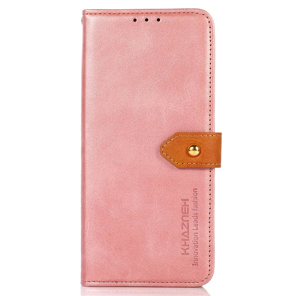KHAZNEH Folio Flip Magnetic Golden Clasp PU Leather Wallet Stand Phone Cover Shell for Samsung Galaxy S22 Ultra 5G - Rose Gold - 2