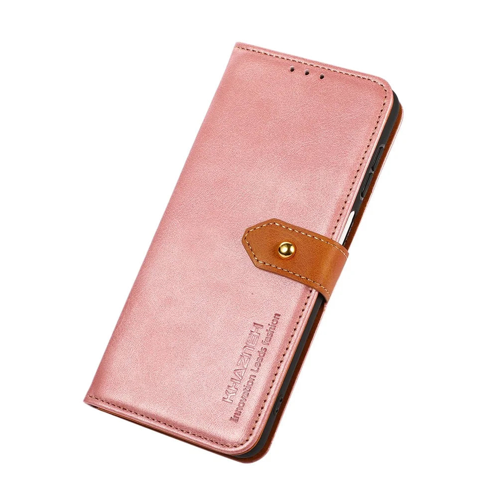 KHAZNEH Folio Flip Magnetic Golden Clasp PU Leather Wallet Stand Phone Cover Shell for Samsung Galaxy S22 Ultra 5G - Rose Gold - 6