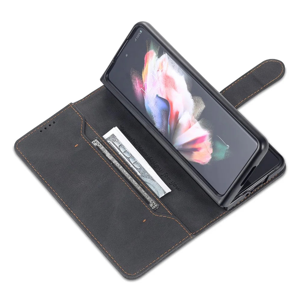AZNS PU Leather Magnetic Clasp Closure Well-Protected Shockproof Phone Case with Stand Wallet for Samsung Galaxy Z Fold3 5G - Black - 5