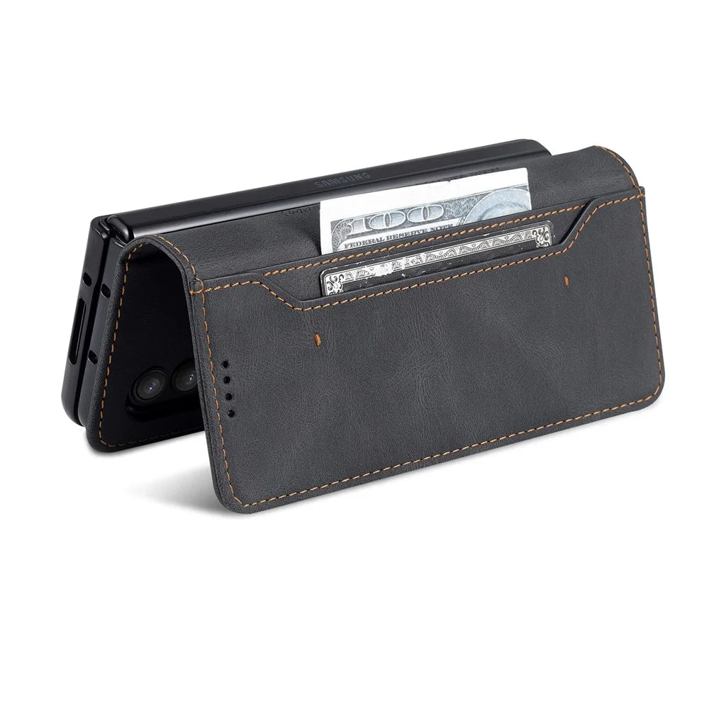 AZNS PU Leather Magnetic Clasp Closure Well-Protected Shockproof Phone Case with Stand Wallet for Samsung Galaxy Z Fold3 5G - Black - 7