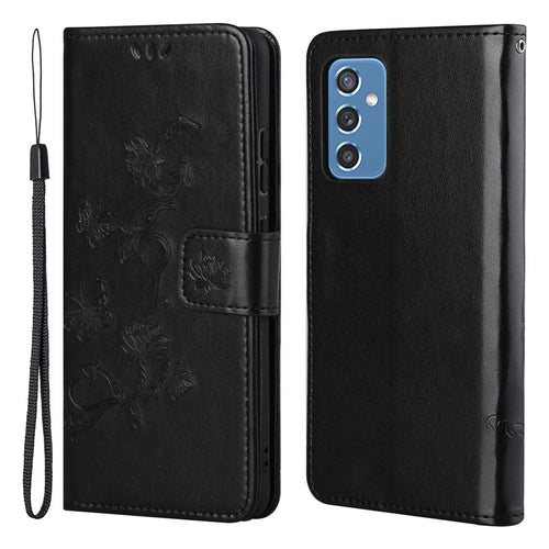 Butterfly Flower Imprinting Anti-Scratch Anti-Drop Leather Phone Wallet Stand Cover with Strap for Samsung Galaxy M52 5G - Black - 1