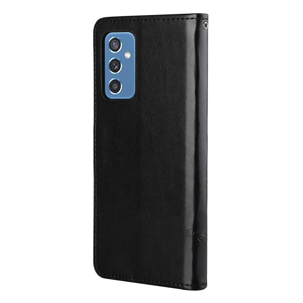 Butterfly Flower Imprinting Anti-Scratch Anti-Drop Leather Phone Wallet Stand Cover with Strap for Samsung Galaxy M52 5G - Black - 3