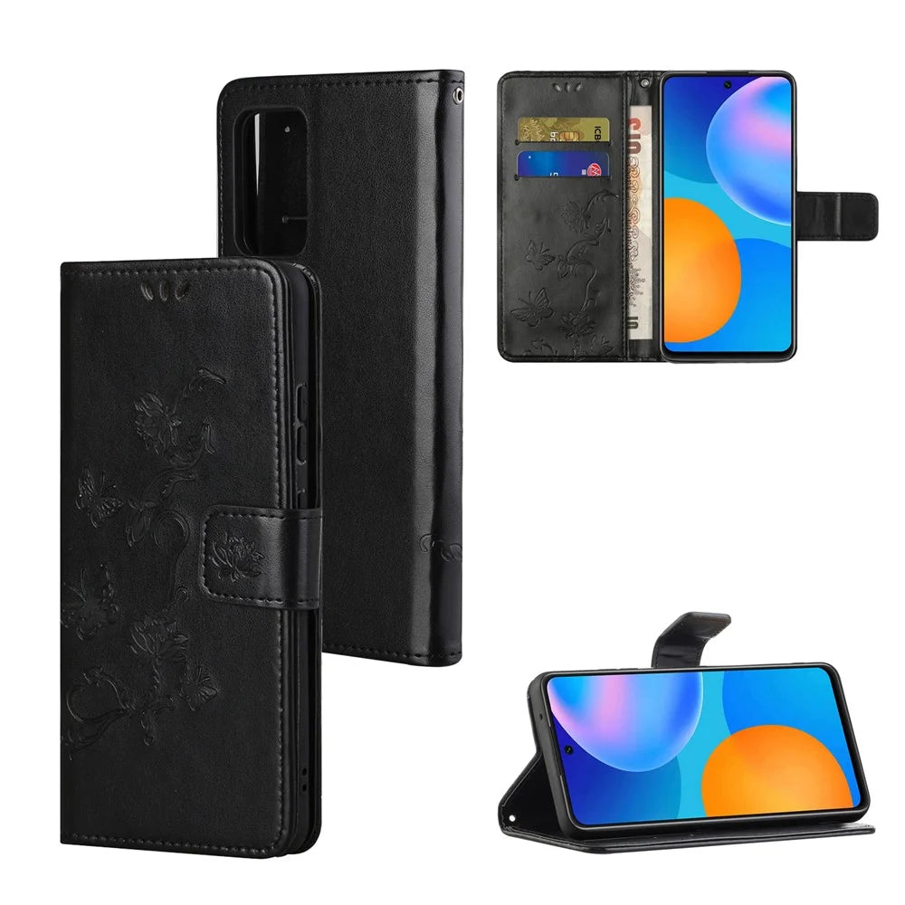 Butterfly Flower Imprinting Anti-Scratch Anti-Drop Leather Phone Wallet Stand Cover with Strap for Samsung Galaxy M52 5G - Black - 6