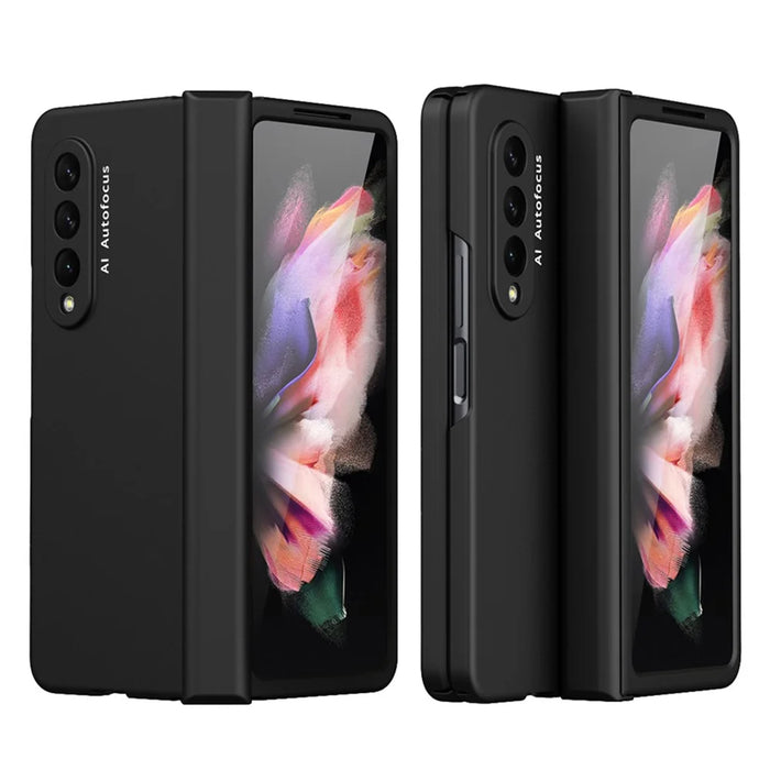 Hard PC Phone Flip Case Cover with Glass Screen Protector for Samsung Galaxy Z Fold3 5G - Black - 1