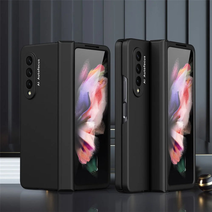 Hard PC Phone Flip Case Cover with Glass Screen Protector for Samsung Galaxy Z Fold3 5G - Black - 2