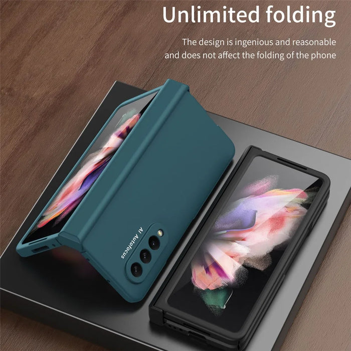 Hard PC Phone Flip Case Cover with Glass Screen Protector for Samsung Galaxy Z Fold3 5G - Black - 4