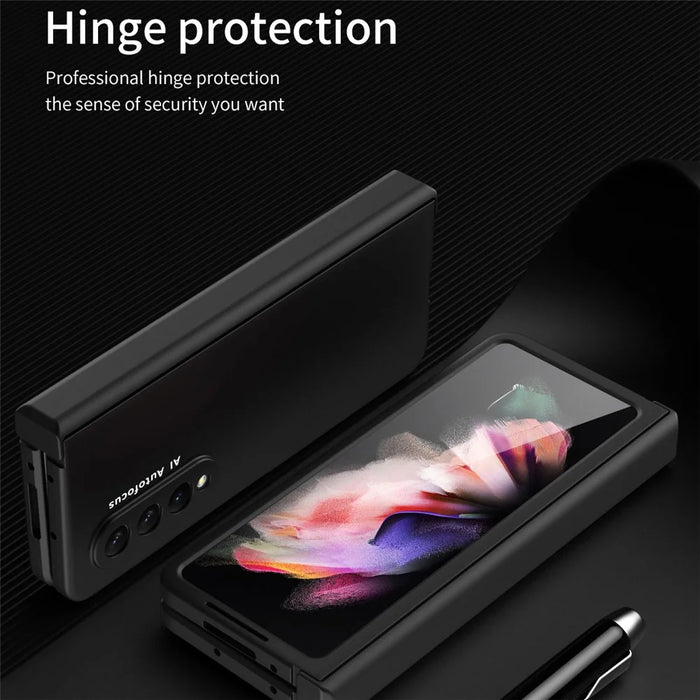 Hard PC Phone Flip Case Cover with Glass Screen Protector for Samsung Galaxy Z Fold3 5G - Black - 5