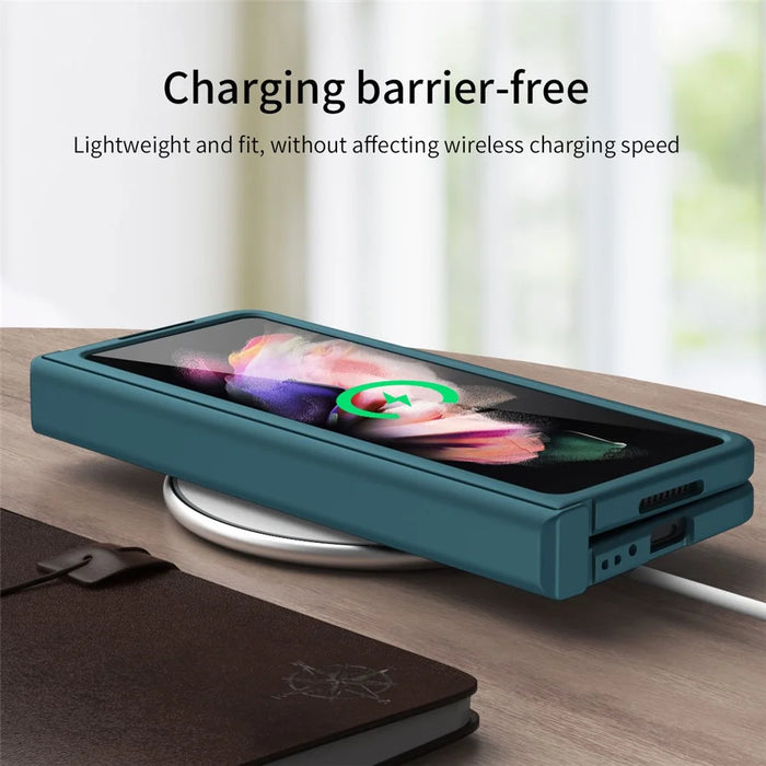 Hard PC Phone Flip Case Cover with Glass Screen Protector for Samsung Galaxy Z Fold3 5G - Black - 6