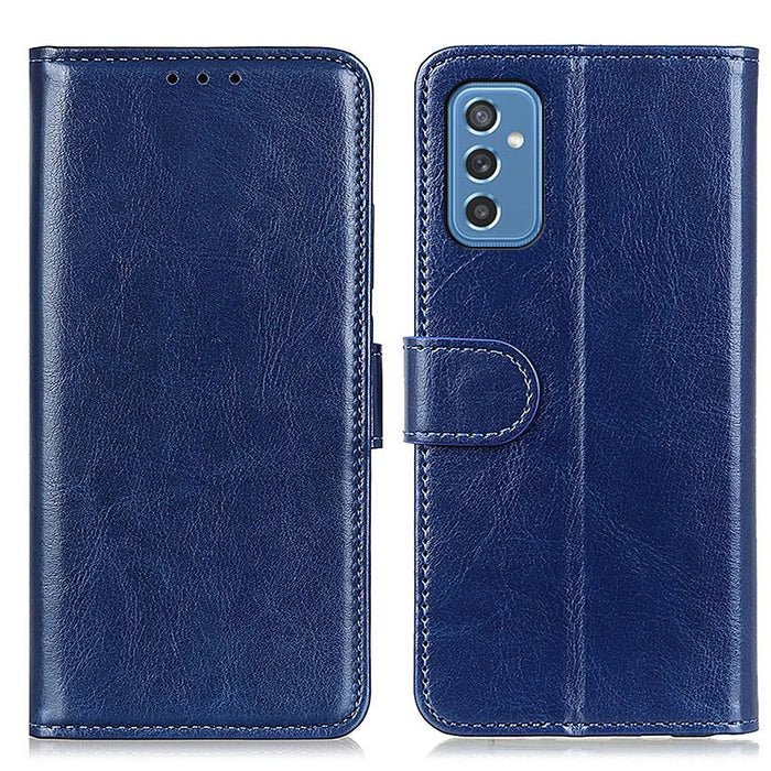 For Samsung Galaxy M52 5G Shockproof Crazy Horse Texture PU Leather Wallet Stand Case Folio Flip Magnetic Protective Cover - Blue - 1