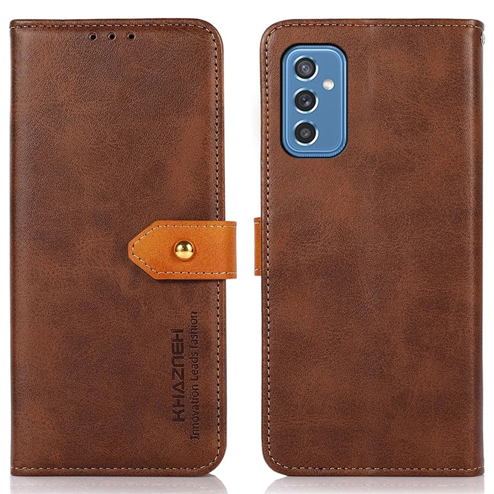 KHAZNEH For Samsung Galaxy M52 5G Magnetic Closure TPU+PU Leather Phone Case Wallet Stand Shockproof Phone Cover - Brown - 1