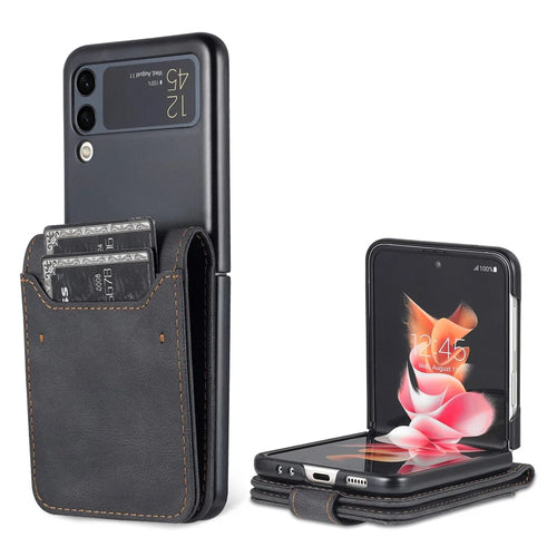 AZNS PU Leather Card Slots Magnetic Clasp Anti-Fall Phone Cover with Stand for Samsung Galaxy Z Flip3 5G - Black - 1