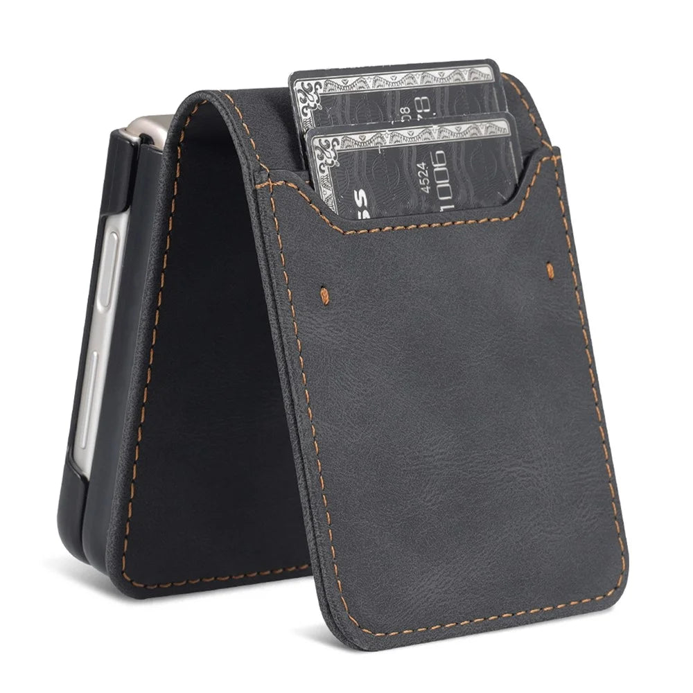 AZNS PU Leather Card Slots Magnetic Clasp Anti-Fall Phone Cover with Stand for Samsung Galaxy Z Flip3 5G - Black - 4