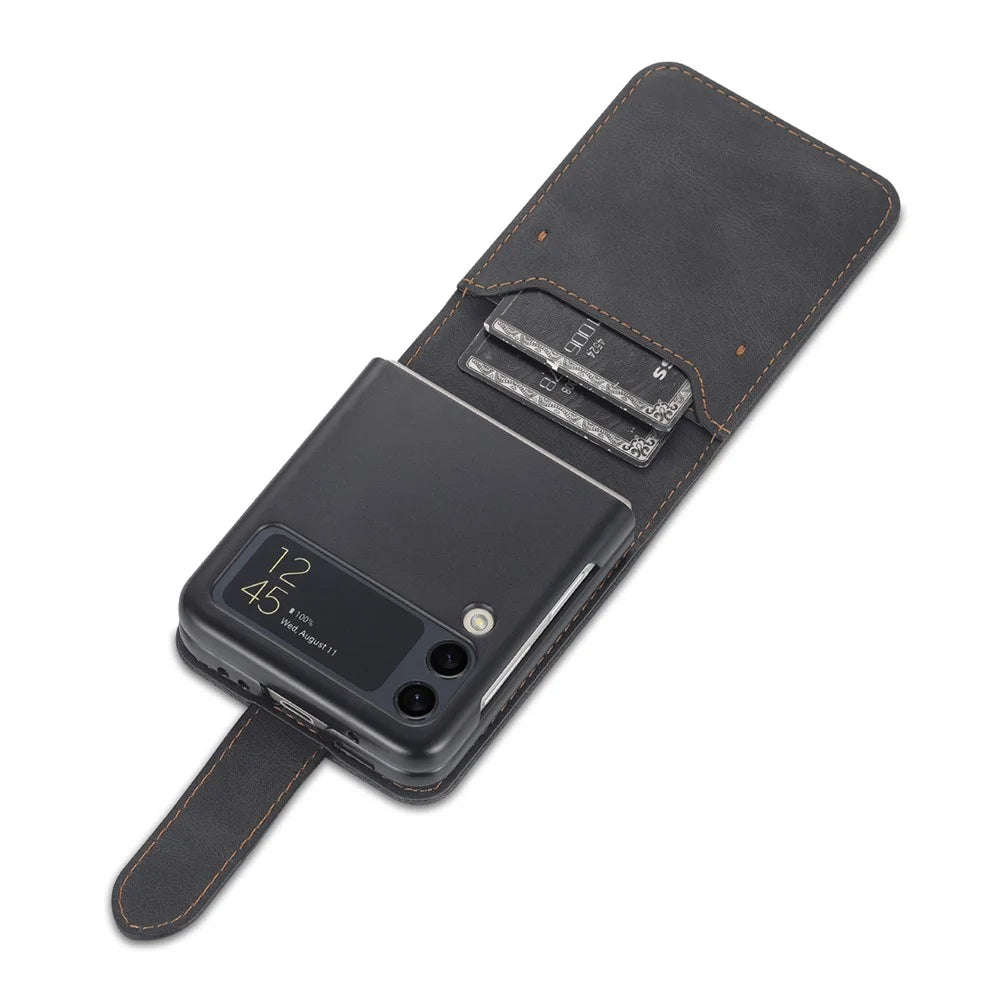 AZNS PU Leather Card Slots Magnetic Clasp Anti-Fall Phone Cover with Stand for Samsung Galaxy Z Flip3 5G - Black - 5