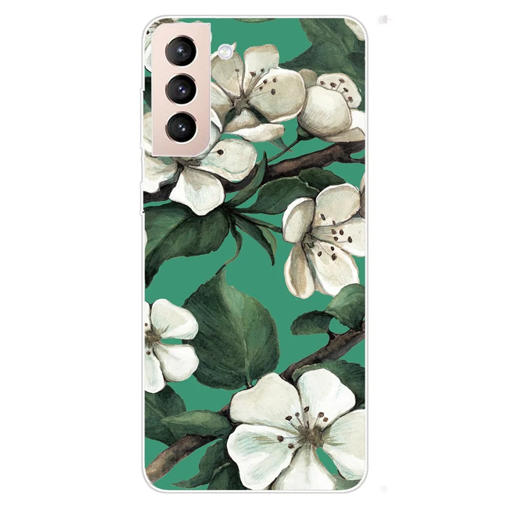 Non-yellowing Soft TPU Pattern Printing Anti-drop Protective Phone Case Cover for Samsung Galaxy S22 5G - White Flower - 1