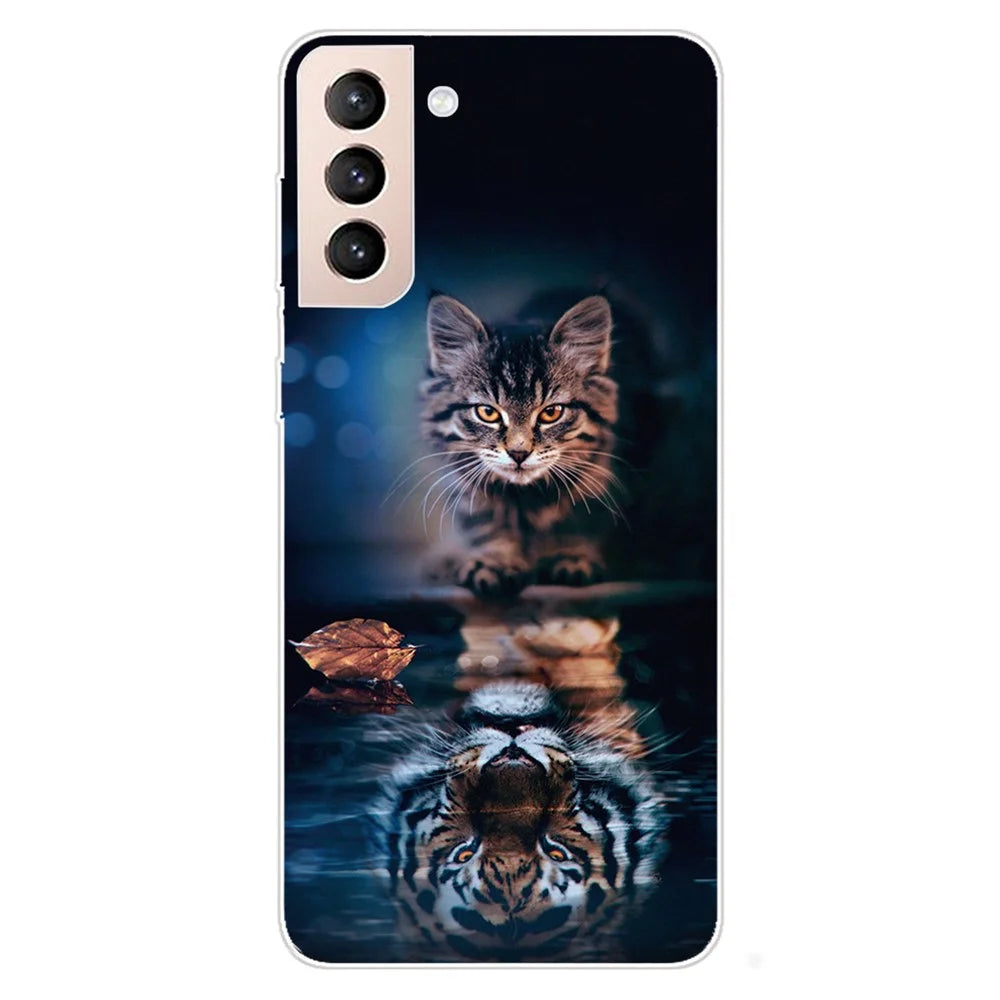 Soft Flexible TPU Shockproof Protective Pattern Printing Cover for Samsung Galaxy S22 5G - Cat and Tiger - 1