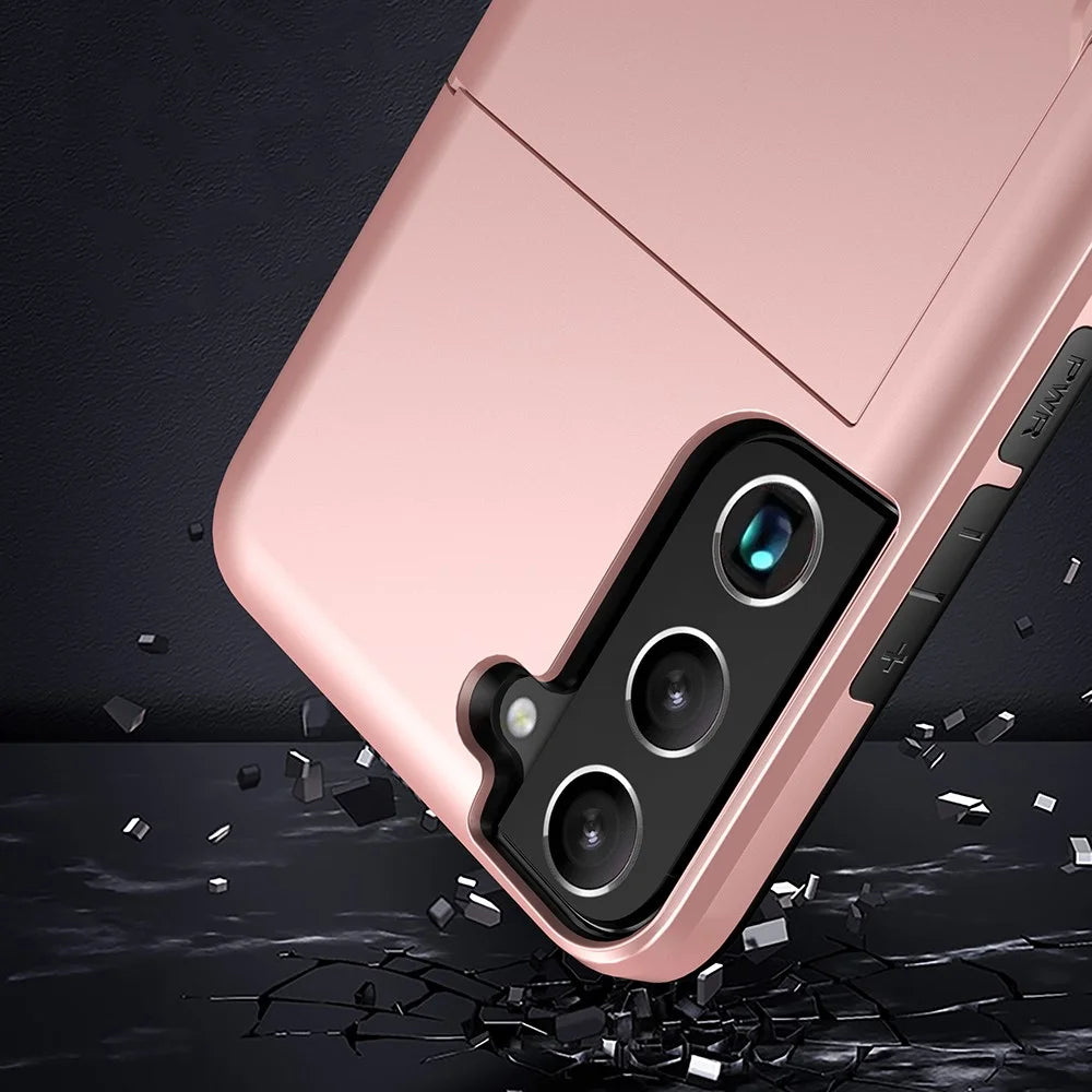 For Samsung Galaxy S22 5G Slide Card Holder Anti-drop Smartphone Case Light Slim Stylish PC + TPU Hybrid Phone Cover - Rose Gold - 3
