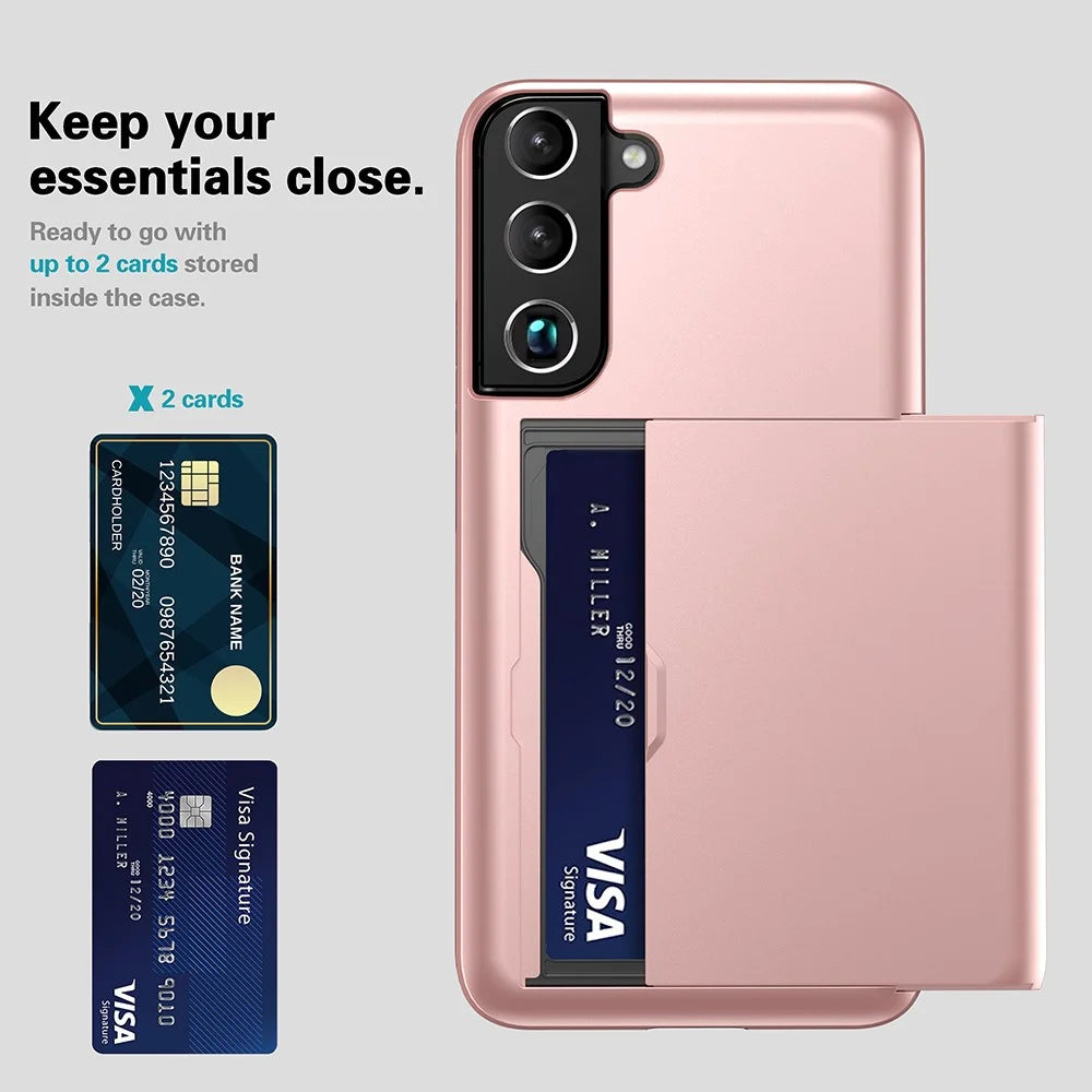 For Samsung Galaxy S22 5G Slide Card Holder Anti-drop Smartphone Case Light Slim Stylish PC + TPU Hybrid Phone Cover - Rose Gold - 5