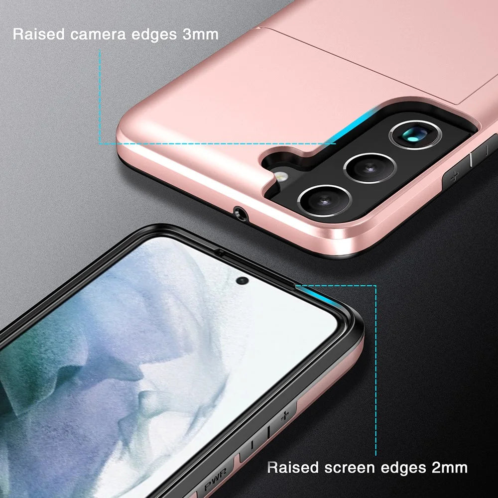 For Samsung Galaxy S22 5G Slide Card Holder Anti-drop Smartphone Case Light Slim Stylish PC + TPU Hybrid Phone Cover - Rose Gold - 7