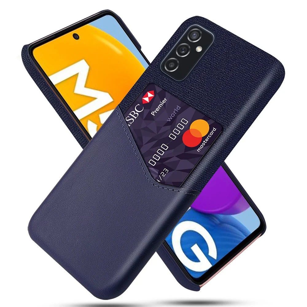 PU Leather + PC Hybrid Case Cloth Texture Phone Cover with Card Holder for Samsung Galaxy M52 5G - Blue - 1