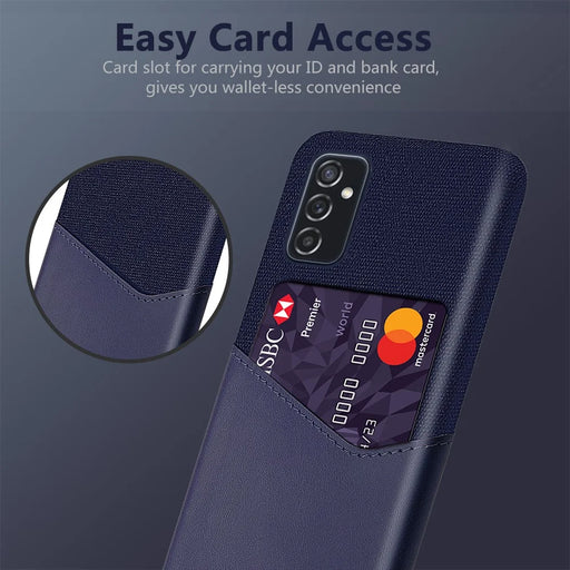 PU Leather + PC Hybrid Case Cloth Texture Phone Cover with Card Holder for Samsung Galaxy M52 5G - Blue - 2