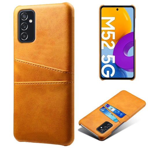 Premium PU Leather + PC Anti-Scratch Hard Case with Dual Card Slots for Samsung Galaxy M52 5G - Orange - 1