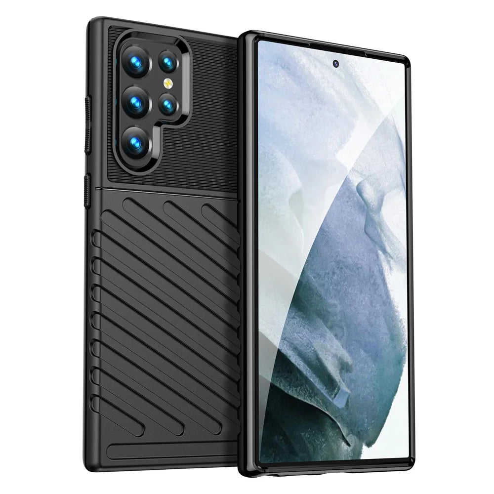 Thunder Series Twill Design Anti-Scratch Anti-Fingerprint Flexible TPU Phone Case Shell for Samsung Galaxy S22 Ultra 5G - Black - 1