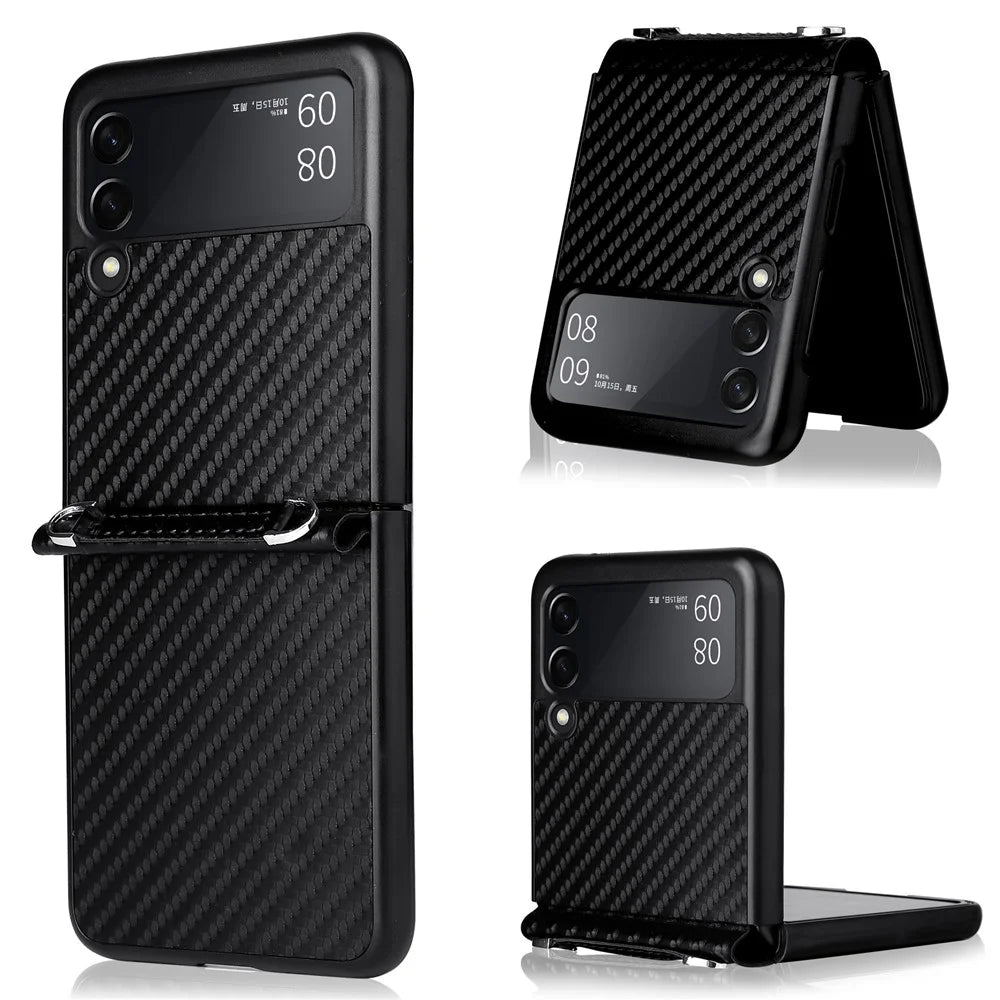 Carbon Fiber Texture One-piece Design PU Leather Coated PC Phone Case with Lanyard for Samsung Galaxy Z Flip3 5G - Black - 1