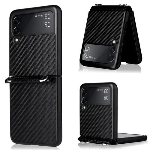Carbon Fiber Texture One-piece Design PU Leather Coated PC Phone Case with Lanyard for Samsung Galaxy Z Flip3 5G - Black - 1