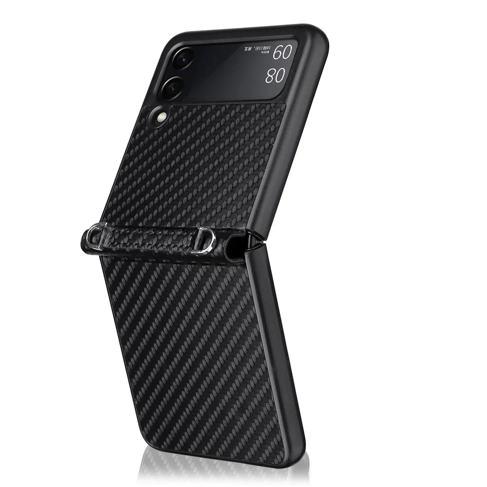 Carbon Fiber Texture One-piece Design PU Leather Coated PC Phone Case with Lanyard for Samsung Galaxy Z Flip3 5G - Black - 2