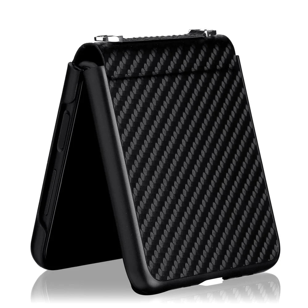 Carbon Fiber Texture One-piece Design PU Leather Coated PC Phone Case with Lanyard for Samsung Galaxy Z Flip3 5G - Black - 3